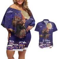 Italy Christmas Couples Matching Off Shoulder Short Dress and Hawaiian Shirt La Befana Flying Over Winter Night - Wonder Print Shop