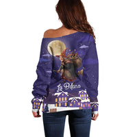 Italy Christmas Off Shoulder Sweater La Befana Flying Over Winter Night - Wonder Print Shop