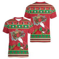 Italy Christmas Women V-Neck T-Shirt Italian Map Poinsettia - Wonder Print Shop