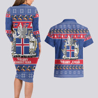 Iceland Christmas Couples Matching Long Sleeve Bodycon Dress and Hawaiian Shirt Coat Of Arms Christmas Pattern - Wonder Print Shop
