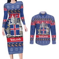 Iceland Christmas Couples Matching Long Sleeve Bodycon Dress and Long Sleeve Button Shirt Coat Of Arms Christmas Pattern - Wonder Print Shop