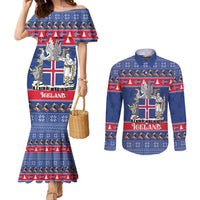 Iceland Christmas Couples Matching Mermaid Dress and Long Sleeve Button Shirt Coat Of Arms Christmas Pattern - Wonder Print Shop
