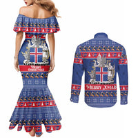 Iceland Christmas Couples Matching Mermaid Dress and Long Sleeve Button Shirt Coat Of Arms Christmas Pattern - Wonder Print Shop