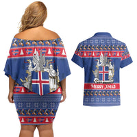 Iceland Christmas Couples Matching Off Shoulder Short Dress and Hawaiian Shirt Coat Of Arms Christmas Pattern - Wonder Print Shop