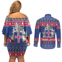 Iceland Christmas Couples Matching Off Shoulder Short Dress and Long Sleeve Button Shirt Coat Of Arms Christmas Pattern - Wonder Print Shop