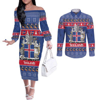 Iceland Christmas Couples Matching Off The Shoulder Long Sleeve Dress and Long Sleeve Button Shirt Coat Of Arms Christmas Pattern - Wonder Print Shop