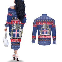 Iceland Christmas Couples Matching Off The Shoulder Long Sleeve Dress and Long Sleeve Button Shirt Coat Of Arms Christmas Pattern - Wonder Print Shop