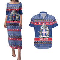 Iceland Christmas Couples Matching Puletasi and Hawaiian Shirt Coat Of Arms Christmas Pattern - Wonder Print Shop
