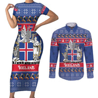 Iceland Christmas Couples Matching Short Sleeve Bodycon Dress and Long Sleeve Button Shirt Coat Of Arms Christmas Pattern - Wonder Print Shop