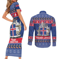 Iceland Christmas Couples Matching Short Sleeve Bodycon Dress and Long Sleeve Button Shirt Coat Of Arms Christmas Pattern - Wonder Print Shop