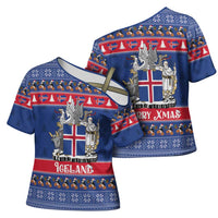 Iceland Christmas Cross Shoulder Shirt Coat Of Arms Christmas Pattern - Wonder Print Shop