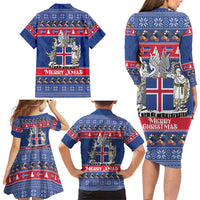 Iceland Christmas Family Matching Long Sleeve Bodycon Dress and Hawaiian Shirt Coat Of Arms Christmas Pattern - Wonder Print Shop