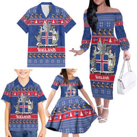 Iceland Christmas Family Matching Off The Shoulder Long Sleeve Dress and Hawaiian Shirt Coat Of Arms Christmas Pattern - Wonder Print Shop