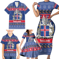 Iceland Christmas Family Matching Short Sleeve Bodycon Dress and Hawaiian Shirt Coat Of Arms Christmas Pattern - Wonder Print Shop
