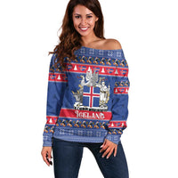 Iceland Christmas Off Shoulder Sweater Coat Of Arms Christmas Pattern - Wonder Print Shop