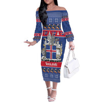 Iceland Christmas Off The Shoulder Long Sleeve Dress Coat Of Arms Christmas Pattern - Wonder Print Shop