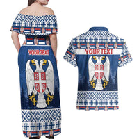 Personalized Serbia Christmas Couples Matching Off Shoulder Maxi Dress and Hawaiian Shirt Coat Of Arms - Blue Version - Wonder Print Shop