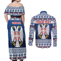 Personalized Serbia Christmas Couples Matching Off Shoulder Maxi Dress and Long Sleeve Button Shirt Coat Of Arms - Blue Version - Wonder Print Shop