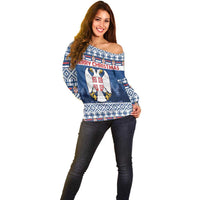 Personalized Serbia Christmas Off Shoulder Sweater Coat Of Arms - Blue Version - Wonder Print Shop