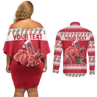 Personalized Trinidad and Tobago Christmas Couples Matching Off Shoulder Short Dress and Long Sleeve Button Shirt Scarlet Ibis with Chaconia Flowers - Wonder Print Shop