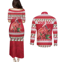 Personalized Trinidad and Tobago Christmas Couples Matching Puletasi and Long Sleeve Button Shirt Scarlet Ibis with Chaconia Flowers - Wonder Print Shop