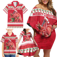 Personalized Trinidad and Tobago Christmas Family Matching Off Shoulder Short Dress and Hawaiian Shirt Scarlet Ibis with Chaconia Flowers - Wonder Print Shop