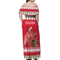 Personalized Trinidad and Tobago Christmas Off Shoulder Maxi Dress Scarlet Ibis with Chaconia Flowers - Wonder Print Shop