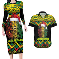 Jamaica Reggae Lion Christmas Couples Matching Long Sleeve Bodycon Dress and Hawaiian Shirt Kente Pattern Meri Krismiss - Wonder Print Shop