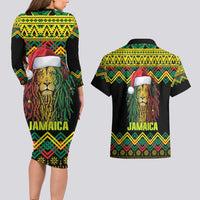 Jamaica Reggae Lion Christmas Couples Matching Long Sleeve Bodycon Dress and Hawaiian Shirt Kente Pattern Meri Krismiss - Wonder Print Shop