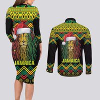 Jamaica Reggae Lion Christmas Couples Matching Long Sleeve Bodycon Dress and Long Sleeve Button Shirt Kente Pattern Meri Krismiss - Wonder Print Shop