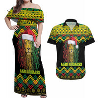 Jamaica Reggae Lion Christmas Couples Matching Off Shoulder Maxi Dress and Hawaiian Shirt Kente Pattern Meri Krismiss - Wonder Print Shop