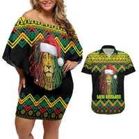 Jamaica Reggae Lion Christmas Couples Matching Off Shoulder Short Dress and Hawaiian Shirt Kente Pattern Meri Krismiss - Wonder Print Shop