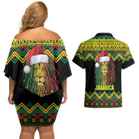 Jamaica Reggae Lion Christmas Couples Matching Off Shoulder Short Dress and Hawaiian Shirt Kente Pattern Meri Krismiss - Wonder Print Shop