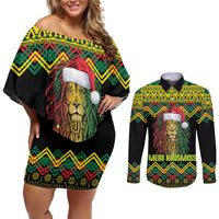Jamaica Reggae Lion Christmas Couples Matching Off Shoulder Short Dress and Long Sleeve Button Shirt Kente Pattern Meri Krismiss - Wonder Print Shop