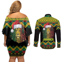 Jamaica Reggae Lion Christmas Couples Matching Off Shoulder Short Dress and Long Sleeve Button Shirt Kente Pattern Meri Krismiss - Wonder Print Shop