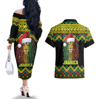 Jamaica Reggae Lion Christmas Couples Matching Off The Shoulder Long Sleeve Dress and Hawaiian Shirt Kente Pattern Meri Krismiss - Wonder Print Shop