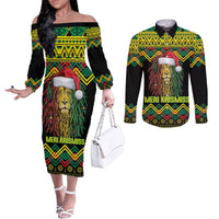 Jamaica Reggae Lion Christmas Couples Matching Off The Shoulder Long Sleeve Dress and Long Sleeve Button Shirt Kente Pattern Meri Krismiss