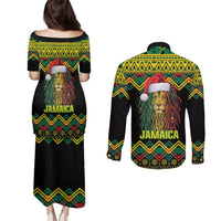 Jamaica Reggae Lion Christmas Couples Matching Puletasi and Long Sleeve Button Shirt Kente Pattern Meri Krismiss - Wonder Print Shop