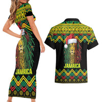 Jamaica Reggae Lion Christmas Couples Matching Short Sleeve Bodycon Dress and Hawaiian Shirt Kente Pattern Meri Krismiss - Wonder Print Shop