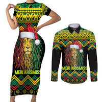 Jamaica Reggae Lion Christmas Couples Matching Short Sleeve Bodycon Dress and Long Sleeve Button Shirt Kente Pattern Meri Krismiss - Wonder Print Shop
