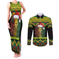 Jamaica Reggae Lion Christmas Couples Matching Tank Maxi Dress and Long Sleeve Button Shirt Kente Pattern Meri Krismiss - Wonder Print Shop