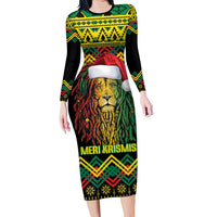 Jamaica Reggae Lion Christmas Long Sleeve Bodycon Dress Kente Pattern Meri Krismiss - Wonder Print Shop