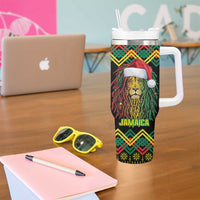 Jamaica Reggae Lion Christmas Tumbler With Handle Kente Pattern Meri Krismiss - Wonder Print Shop