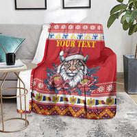 Personalized Romania Christmas Blanket Eurasian Lynx With Peony Flowers