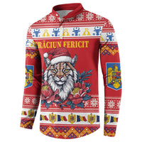 Personalized Romania Christmas Button Sweatshirt Eurasian Lynx With Peony Flowers - Wonder Print Shop
