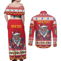 Personalized Romania Christmas Couples Matching Off Shoulder Maxi Dress and Long Sleeve Button Shirt Eurasian Lynx With Peony Flowers - Wonder Print Shop