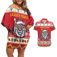Personalized Romania Christmas Couples Matching Off Shoulder Short Dress and Hawaiian Shirt Eurasian Lynx With Peony Flowers - Wonder Print Shop