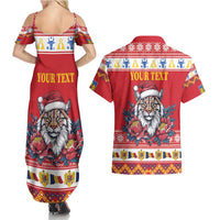 Personalized Romania Christmas Couples Matching Summer Maxi Dress and Hawaiian Shirt Eurasian Lynx With Peony Flowers - Wonder Print Shop