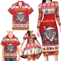 Personalized Romania Christmas Family Matching Long Sleeve Bodycon Dress and Hawaiian Shirt Eurasian Lynx With Peony Flowers - Wonder Print Shop