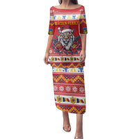 Personalized Romania Christmas Family Matching Puletasi and Hawaiian Shirt Eurasian Lynx With Peony Flowers - Wonder Print Shop